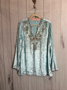 Soft Surroundings Aqua Crushed Velvet Moroccan Boho Beaded Embellished  Tunic